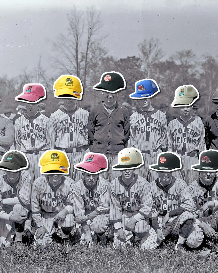 Vintage Toledo baseball team wearing Plants and Chairs caps