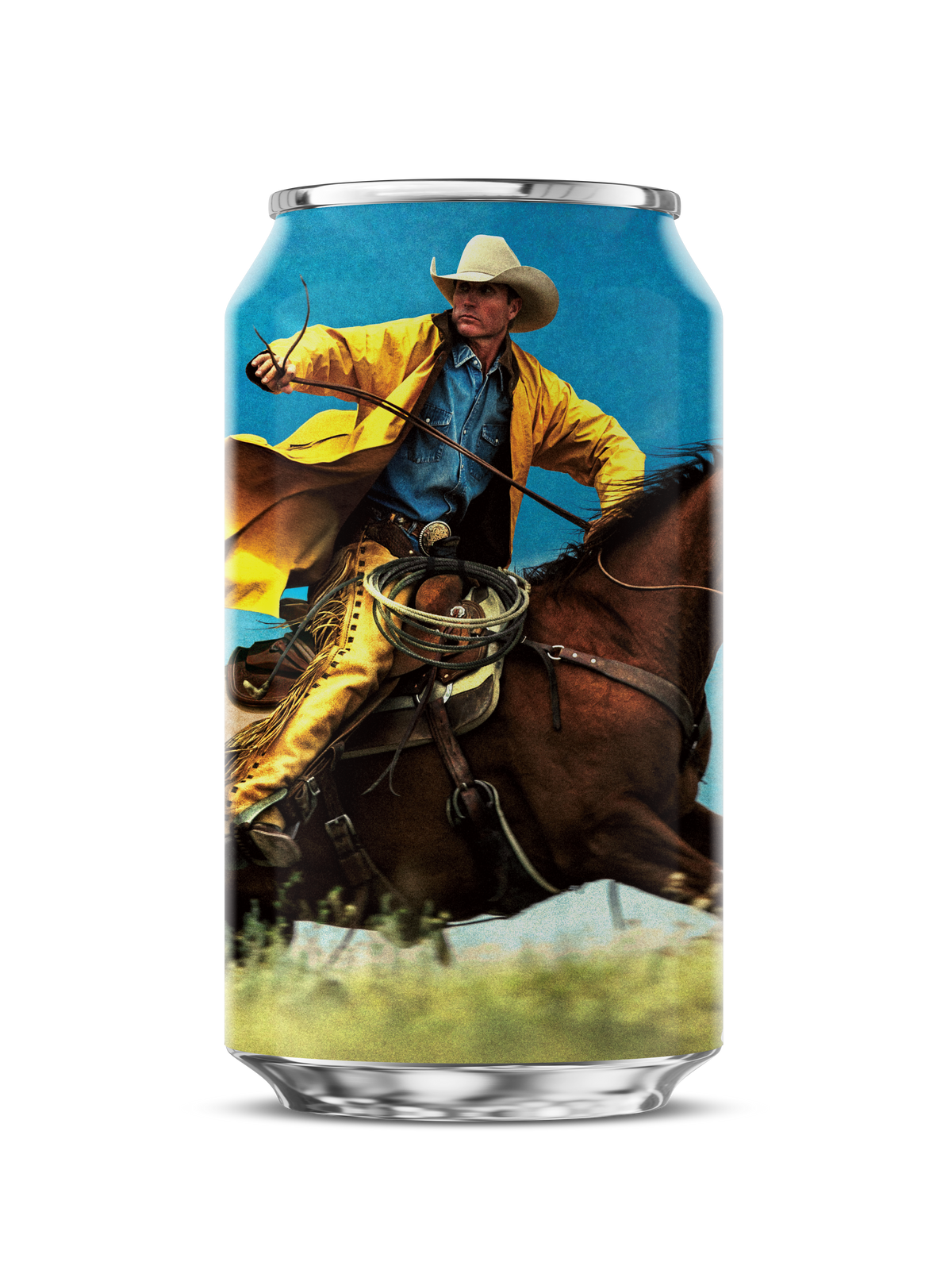 Crazy Mountain concept can, front view with cowboy artwork