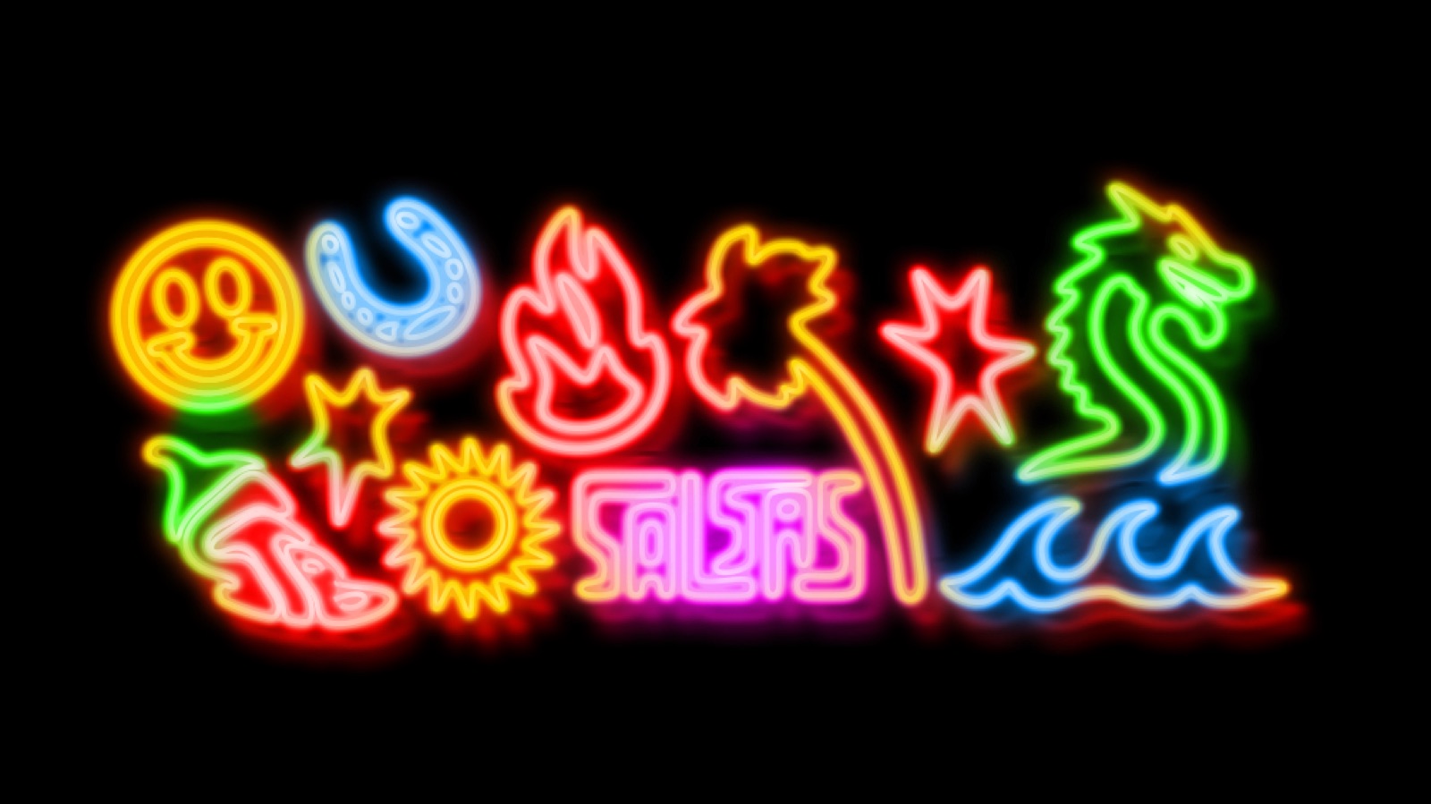 Salsa's Taco Bar neon wall, full icon set in glowing color